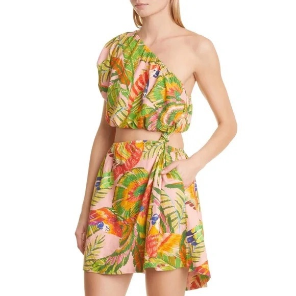 FARM Rio Dresses & Skirts - New Farm Rio Macaw Leaves One-Shoulder Cut-Out Mini Dress Size Small